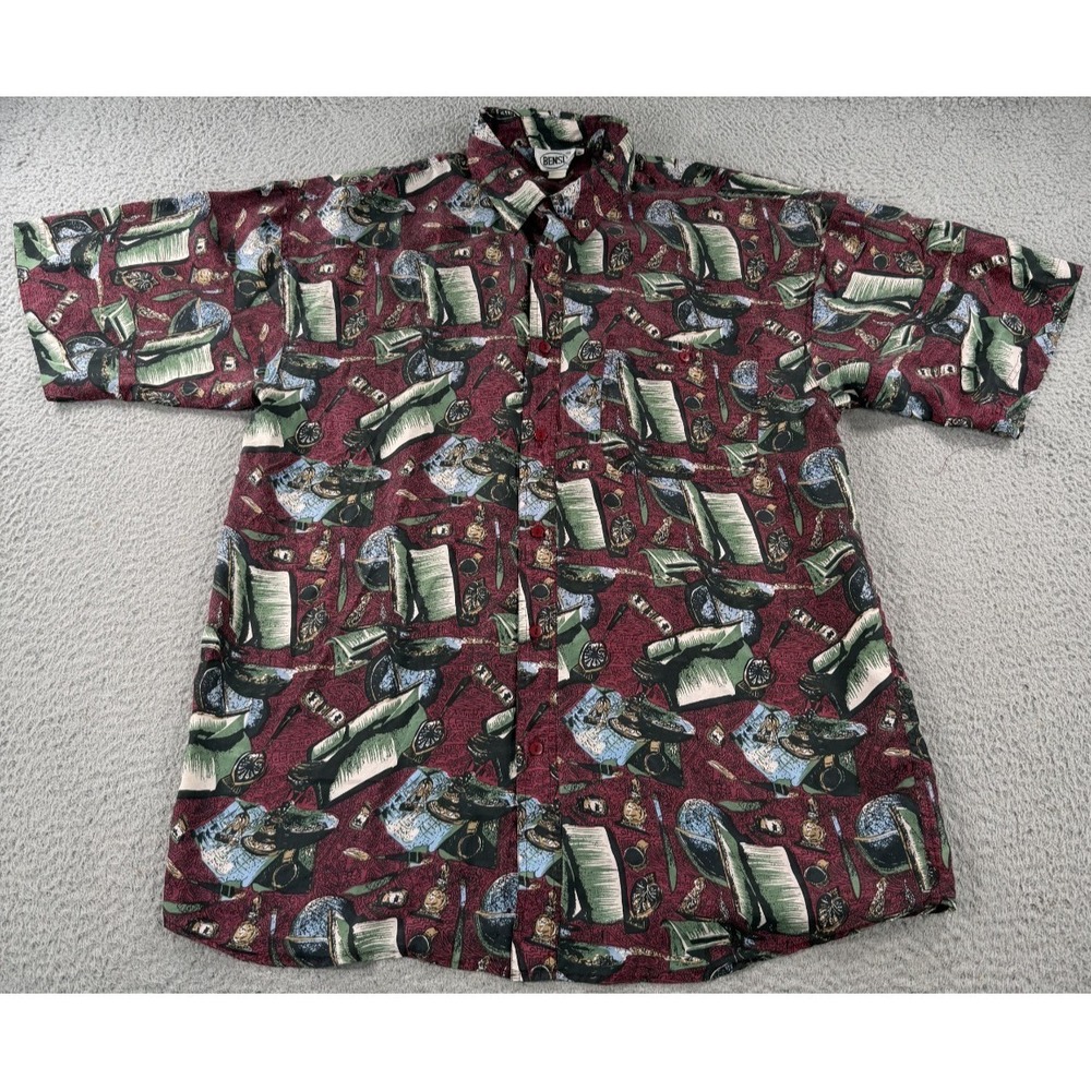 Vintage Bensi Hawaiian Shirt Mens XL Red Silk Button Up Camp Short Sleeve AOP - Picture 1 of 9